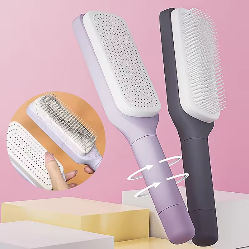 Self-Cleaning Hairbrush for Women with One-Key Cleaning, Airbag Scalp Massage, and Anti-Static Features